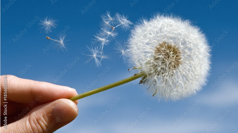 Fototapeta premium A hand holds a dandelion puff, releasing delicate seeds into a clear blue sky.