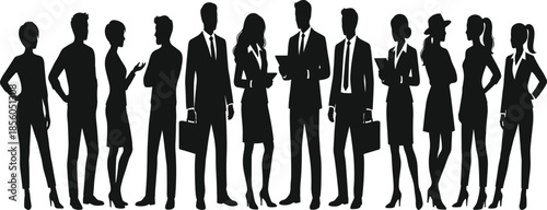 Business silhouettes of men and women, corporate attire, teamwork, diversity, briefcase, tablet, coffee cup, professional posture, vector illustration, office concept