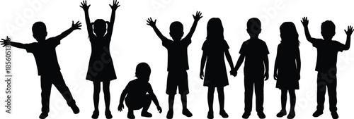 Children silhouettes standing, playful poses, holding hands, squatting, raising arms, friendship, camaraderie, vector illustration, black design elements, childhood concept
