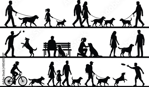 Dog walking, pet owners, outdoor park activities, family with dogs, cycling with pets, frisbee play, companionship, exercise, silhouette illustration, vector art