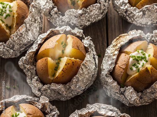 Baked potatoes wrapped in foil with sour cream and chives on wood  