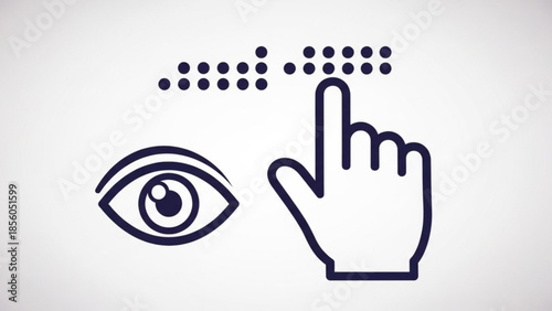 Graphic illustration of eye and pointing hand with braille dots, symbolizing accessibility and vision, for design and educational use