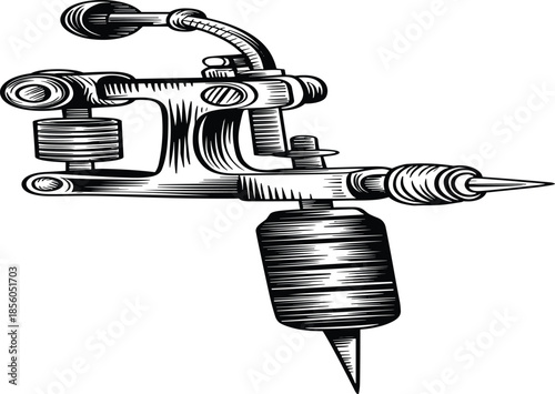 Tattoo machine illustration, vintage tattooing equipment, line art, black and white, tattoo gun, professional tattoo artist tool, isolated, design, vector