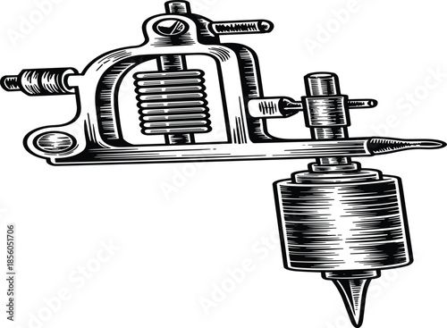 Tattoo machine illustration, vintage tattooing equipment, line art, black and white, tattoo gun, professional tattoo artist tool, isolated, design, vector