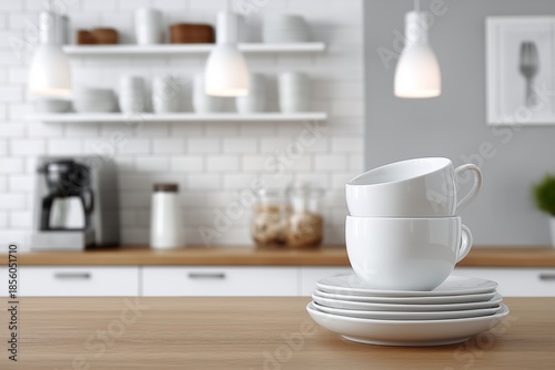 Wallpaper Mural A kitchen with a white counter and a stack of white plates. The plates are on a plate and the counter is wooden Torontodigital.ca