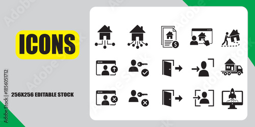 Set of Real Estate and Homeownership Icons Including Property Transactions, Moving, and Security