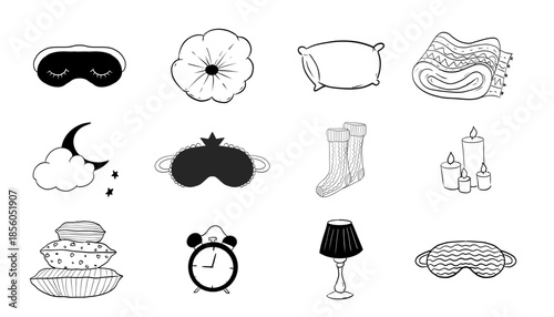 Sleep set hand drawn blanket, candles, night symbols doodle. Pillow line bedroom relax, sleeping mask, stars and moon. Warm cozy clothes, socks. Sleepy mood, 