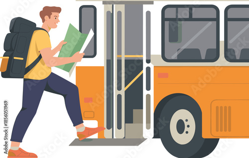 Young traveler boarding bus with backpack and map public transport journey travel planning adventure tourism transportation illustration concept
