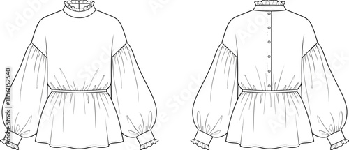 Vector fashion, ruffle neck peplum blouse front back flats, apparel template, technical womens clothing illustration outline