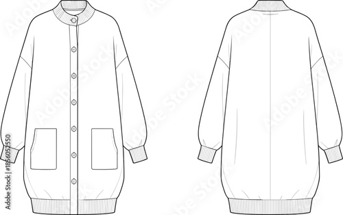 Vector fashion, oversized cardigan sweater front back flats, apparel template, technical knitwear illustration outline design