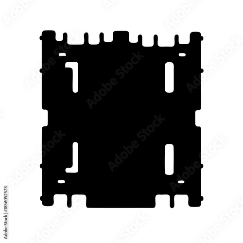 Industrial black silhouette of a rectangular component with numerous slots and protrusions