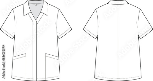 Vector fashion, short sleeve medical scrub shirt front back flat, uniform template, technical illustration outline vector