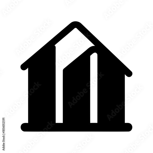 Minimalist black silhouette icon representing a stylized building with a prominent roof and two internal pillars