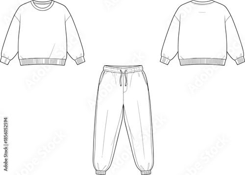 Vector fashion, sweatshirt and jogger set front back flats, apparel template, casual loungewear illustration design outline