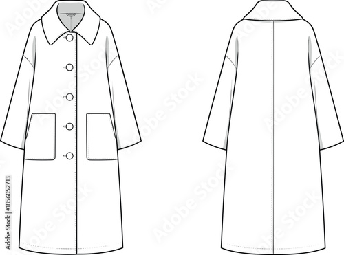 Vector fashion, womens overcoat front back flat, apparel template, technical outerwear illustration design outline vector