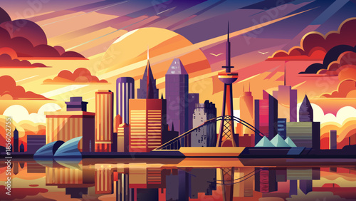 Very beautiful panoramic summer sunset over Rotterdam featuring modern skyline silhouettes, dramatic clouds, and warm reflections, presenting a dynamic and contemporary cityscape of the Netherlands.