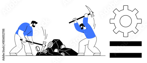 Two workers breaking rocks with tools, a gear and equal bars symbolizing labor, teamwork, justice, industry, economy, and fairness. Ideal for workforce, production equality industry teamwork