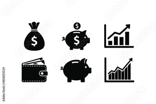 Financial Management Icon Set Money Bag, Piggy Bank, Wallet, and Growth Graph Symbols for Business and Savings