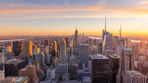 Aerial view of dense urban metropolis skyscrapers during golden sunset with empire state building