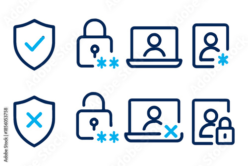 Security and access control icons set shield, lock, laptop user, and profile icons