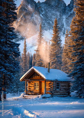 A charming log cabin nestled in a snowy landscape, emanating warmth as smoke rises from its chimney against majestic mountains. The scene captures a tranquil winter atmosphere.