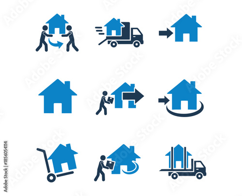 House moving and relocation icons set vector illustration