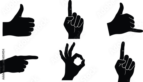 Black hand gesture silhouettes set including thumbs up, pointing, okay sign, and call me symbols isolated on white background vector.