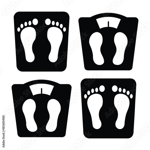 Collection of essential health and weight management icons featuring weighing scales and footprints