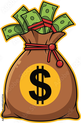 Cartoon money bag full of cash dollar bills with currency symbol, brown sack of gold coins and bank notes illustration.