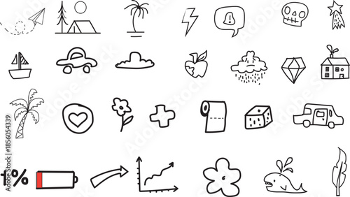 Collection of 25 simple icons representing various everyday objects and symbols