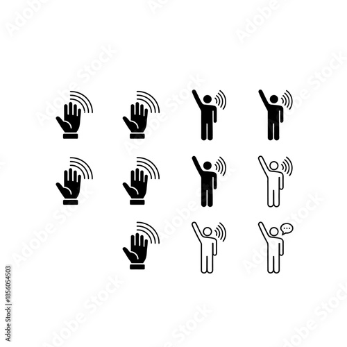 Hand wave gesture icons set for contactless interaction and communication