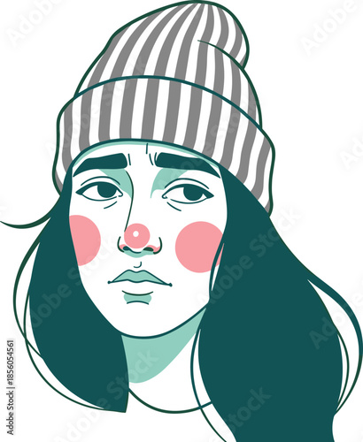 Portrait of a young girl with beanie hat and rosy cheeks, minimalist line art illustration with teal and pink colors.