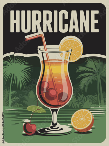etro 1950s style cocktail poster featuring a Hurricane drink in a classic hurricane glass with cherry and orange garnish in a warm tropical palette.