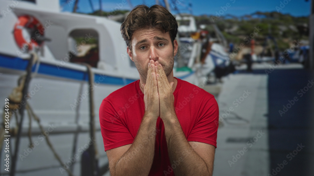 Fototapeta premium Man with open palms extended on a boat at a port, hands held out in pleading gesture showing empty palms; pleading.