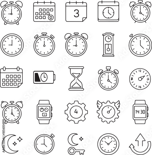 Collection of time and calendar icons clocks, alarms, watches, and dates