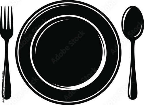 Minimalist Black Silhouette Illustration of a Formal Table Setting Featuring a Large Dinner Plate Flanked by a Fork and a Spoon