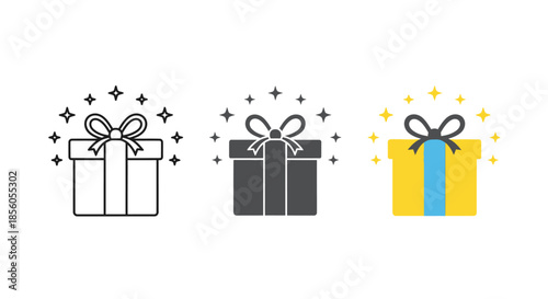 Gift box icons in line art, solid silhouette, and colorful vector styles, representing presents and surprises