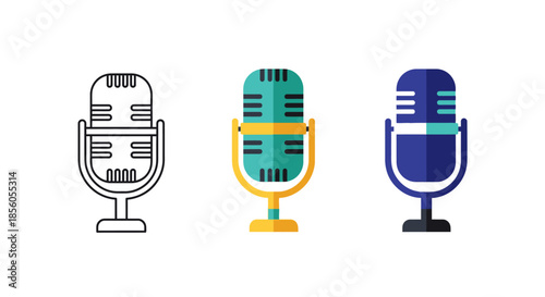 Collection of vintage and modern microphone icons for audio recording and broadcasting