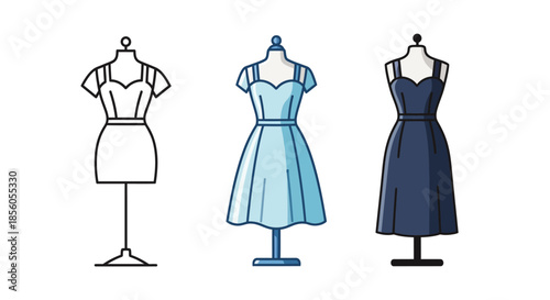 Three women's dresses displayed on mannequins, showcasing fashion design and apparel