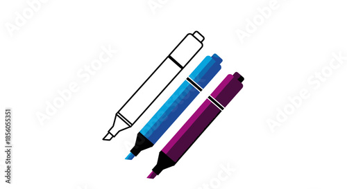 Three Marker Pens Illustration with White, Blue, and Purple Ink