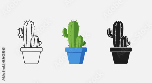 Three potted cactus plants shown in outline, color, and silhouette icon formats