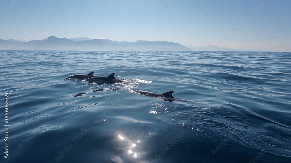 Naklejka premium Two dolphins swimming in the ocean with sunlight reflecting on the water surface