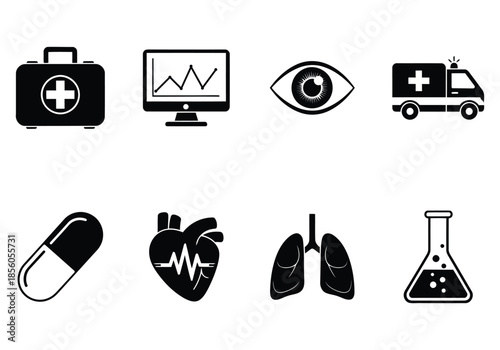 Collection of simple black and white icons representing medical and healthcare concepts