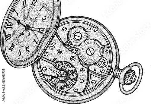Vintage antique pocket watch stipple art illustration with detailed internal mechanical gears movement and Roman numeral clock face.