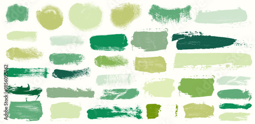 Set of green straight brush stroke lines with organic grunge texture. Hand drawn underline, highlight elements for eco, vegan or herbal design. Natural vector with rough paint strokes on white.
