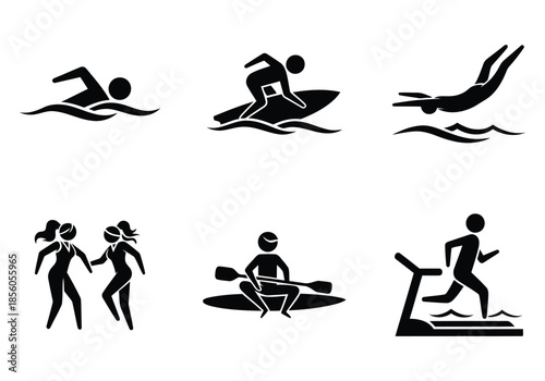 A collection of black and white icons representing different sports and fitness activities