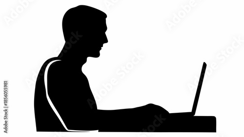 Man working on laptop in modern workspace silhouette