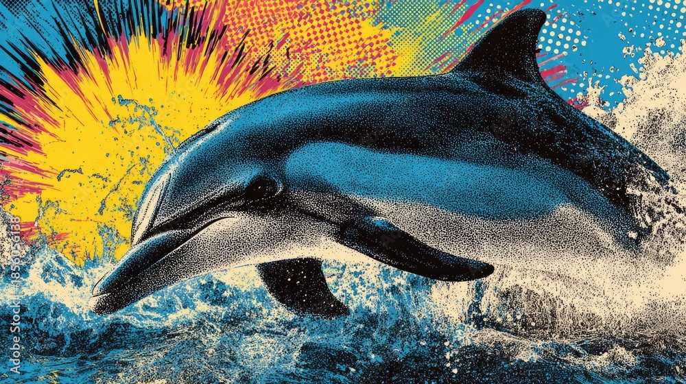 Fototapeta premium Dolphin illustration with vibrant colors and dynamic background effects.