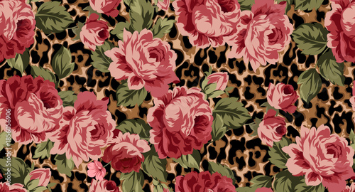 Seamless leopard and flower pattern. Floral pattern.