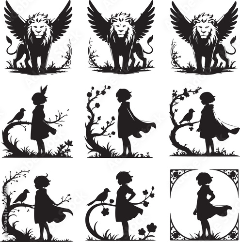 Whimsical silhouette illustrations of mythical lions and children with nature elements